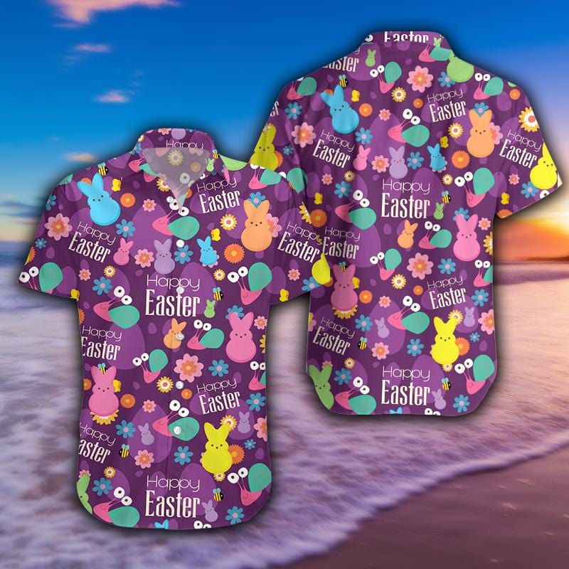 Felacia [Hawaii Shirt] Happy Easter Colorful Bunny Purple Hawaiian Aloha Shirts-ZX2028